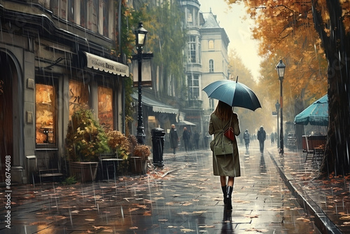Young girl with an umbrella is walking on a rainy day