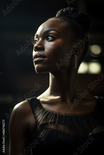 Portrait of a dark skinned ballerina woman, elegant and graceful