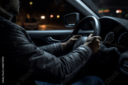 A man confidently drives a car at night, hands on the steering wheel, navigating the road with focused determination and a sense of control, computer Generative AI stock illustration image photo