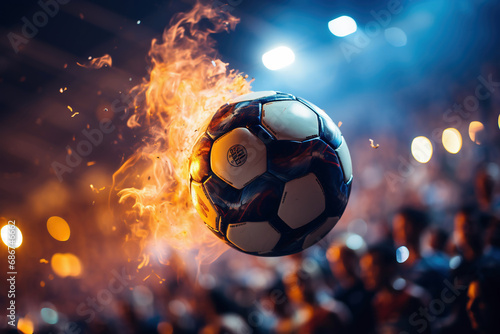 Burning soccer ball flying over football stadium - Generative AI
