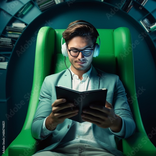A man reading an e-book and listening to an audiobook. Headphones on the head. Futuristic space. Comfortable green armchair.