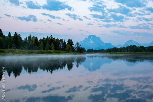 Oxbow Bend of the Snake river with the reflection of Mount Moran in Grand Teton National Park, Wyoming, USA; Jackson, Wyoming, United States of America photo