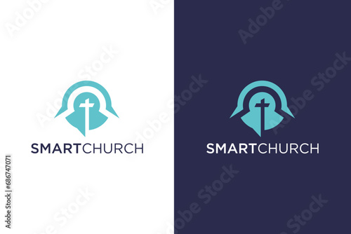 Church logo in line art style in the middle of Christians or Church