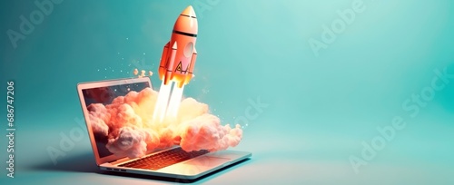 Rocket launching out of a laptop, creativity in technology and entrepreneurship concept. Horizontal background, copy space for text