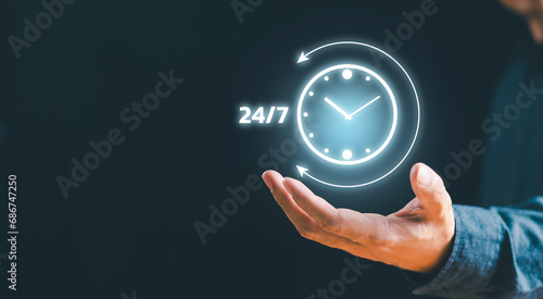 Businessman show worldwide nonstop support, help full-time available contact of business service concept. Customer service always assistance. 24-7 hour clock on hand nonstop client service concept