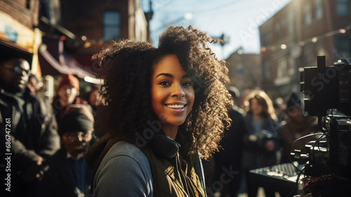 Photo of a young female African American filmmaker directing her peers in an urban setting, showcasing her vision and leadership skills, with a diverse crew working together photo