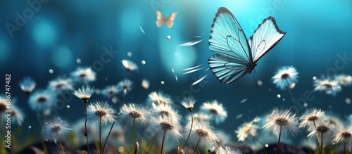 Dandelion flower and blue butterfly on top with seeds blowing in the wind. Soft look © GoDress