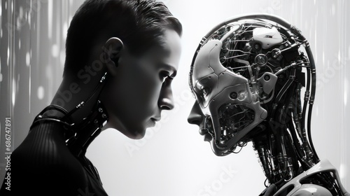 Human and Artificial Intelligence robot looking at each other. Generative AI photo
