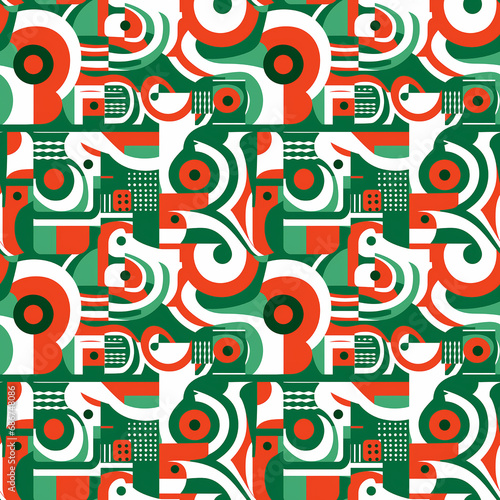 a colorful geometric pattern with red and white circles, seamless pattern background