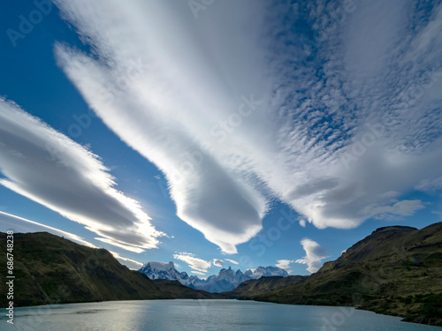 Clouds over Torres del Paine National Park from Lake Pehoe; Patagonia, Chile photo