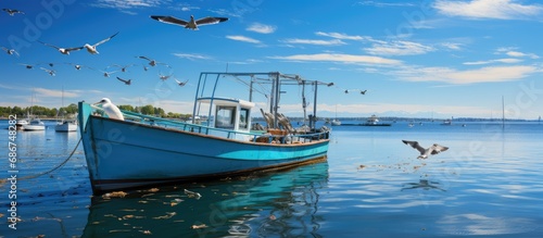 Fishing boats anchored in the harbor with a bright blue sky in the background and birds flying above photo