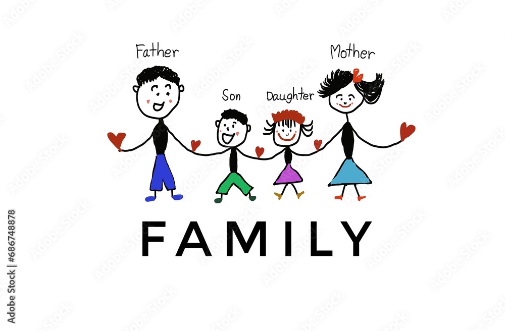 Hand drawn picture cartoon characters of father,mother, daughter and son, hold hands. White background.Concept, warm and happy family. Illustration for using as teaching aids or design for decoration. Hand drawn picture cartoon characters of father,mother, daughter and son, hold hands. White background.Concept, warm and happy family. Illustration for using as teaching aids or design for decoration.