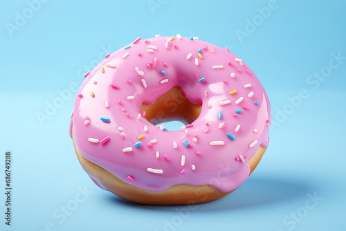 A charming pink donut with glaze sits on a blue surface, embellished with sprinkles and coated in a delightful pink cream.