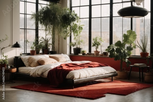 Beautiful large bedroom with panoramic windows, sofa, carpet, indoor plants in red and white colors. Interior design concept. © liliyabatyrova
