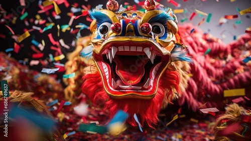Chinese Dragon in colorful confetti background. CNY year of the dragon. Happy Chinese New Year concept. Festive illustration for wallpaper, banner, greeting card, web, poster, print.