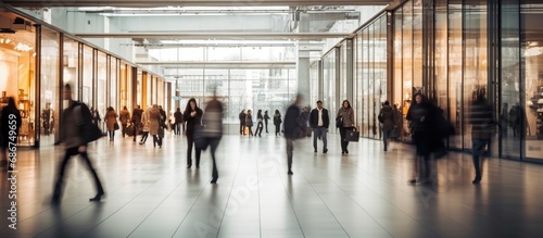 business people walk in the corridor of the business center, blurring movement