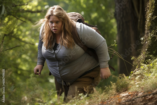 Obese Woman is hiking in a forest with a backpack on her back.