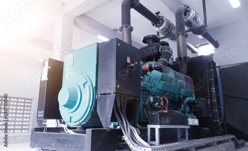 Generator Engine diesel in industrial Power Backup. Generator Room Emergency power supply. Powered by Engine diesel.