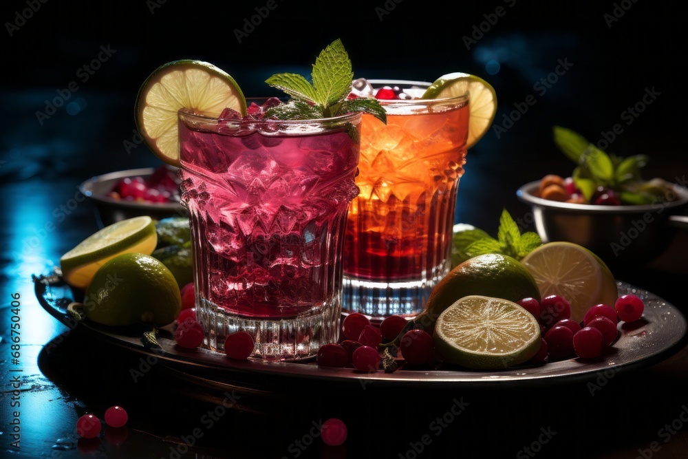 mixed cocktail, alcoholic drinks, cocktail colorful and bright. fruits and lemons on the background. mixed cocktail, alcoholic drinks, cocktail colorful and bright. fruits and lemons on the background.