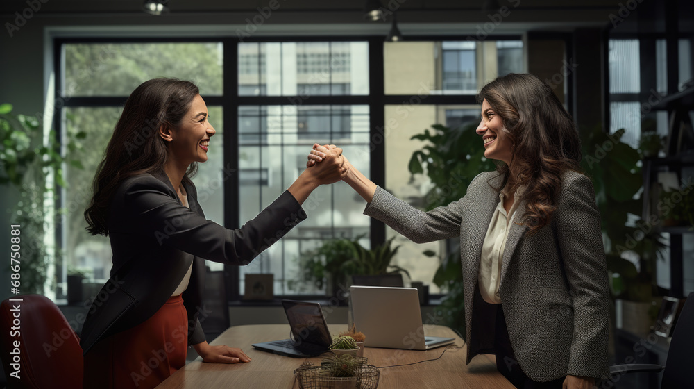 Two professional women are seated opposite each other at a desk in a