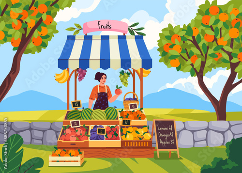 Agricultural market seller concept. Woman sell vegetables and fruits. Farmer with harvest and crop, natural and organic products. Support your local shop. Cartoon flat vector illustration