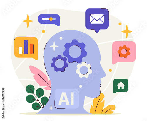 Machine learning concept. Artificial intellegence. Silhouette of head AI. Modern technologies and innovations. Computer helper. Cartoon flat vector illustration isolated on white background