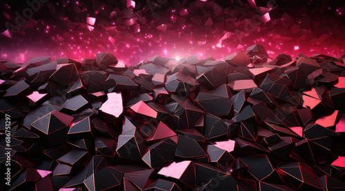 Dark geometric floor with shapes with glowing pink edges creating a striking abstract lava pattern.