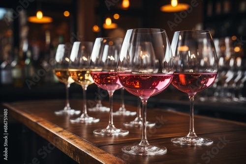 Rows of stylish glasses on the bar counter create a visually appealing setup, signaling a delightful experience of tasting wines and drinks.
