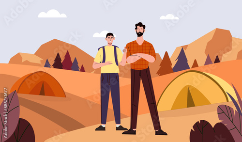 Men camping at autumn. Young guys near yellow tent and orange hills. Hiking and active lifestyle. Friends resting outdoor. People in forest in fall season. Cartoon flat vector illustration