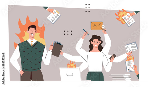 Deadline opponents arguing concept. Woman and man in fire. Bad time management and uneffective workflow. Managers under deadline pressure. Cartoon flat vector illustration isolated on white background