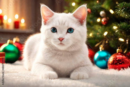 Cute white kitten on a New Year's backgrounds with gifts. Background for calendars, postcards, posters, greetings.