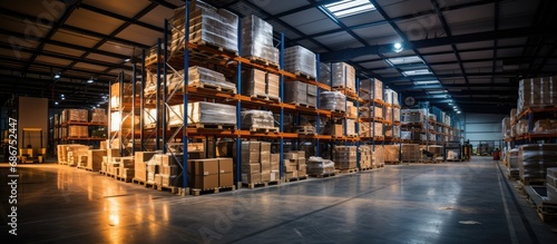warehousing and logistics industry. Large distribution warehouse with high shelves. Low angle view.