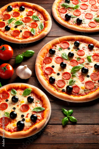 Italian pizza on a on brown wooden background. Rustic style. Copy space.