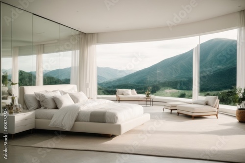Beautiful scenic view from the window of a bright bedroom. White interior design, hotel, resort, mountains and nature. © liliyabatyrova