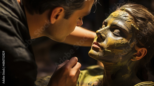 makeup artist applying special effects makeup on an actor generative ai photo