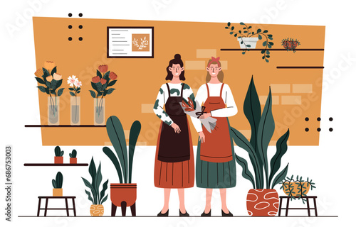 Florist seller team concept. Young girls in brown aprons with bouquets of flowers. Romantic gifts or presents. Red and white plants. Cartoon flat vector illustration isolated on white background