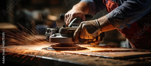 Fényképezés Worker's hands use a grinder to smooth a piece of metal