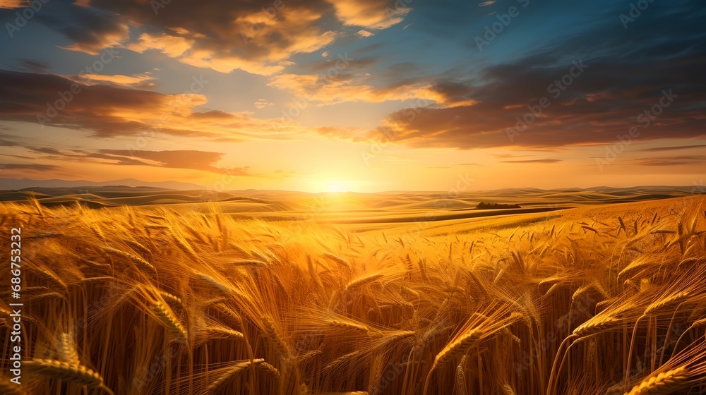 Golden Sunset Wheat Landscape, field, agriculture, rural, evening