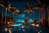 luxurious tropical resort pool in the night. generative al