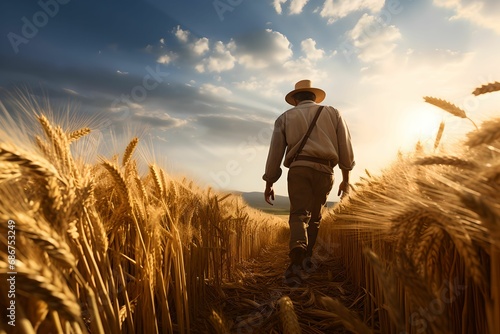 Farmer in Wheat Field, crop, agriculture, rural, walking