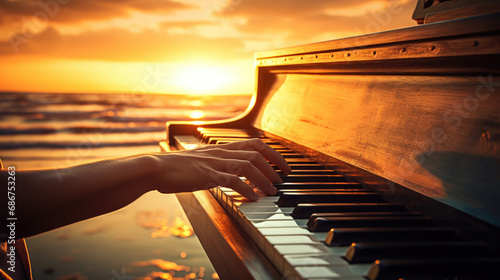 pianist performing on a grand piano on a beach at sunset generative ai photo