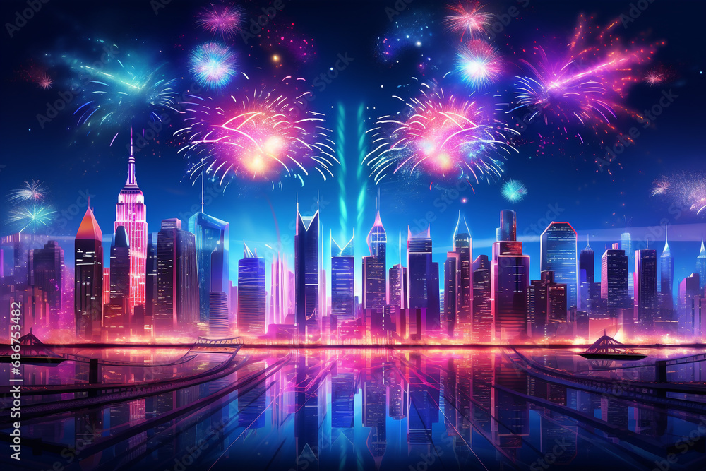  fireworks and pyrotechnics for end-of-year /new year, celebrations in the city streets background, , skyline aerial view buildings, neon blue vaporwave colors mood