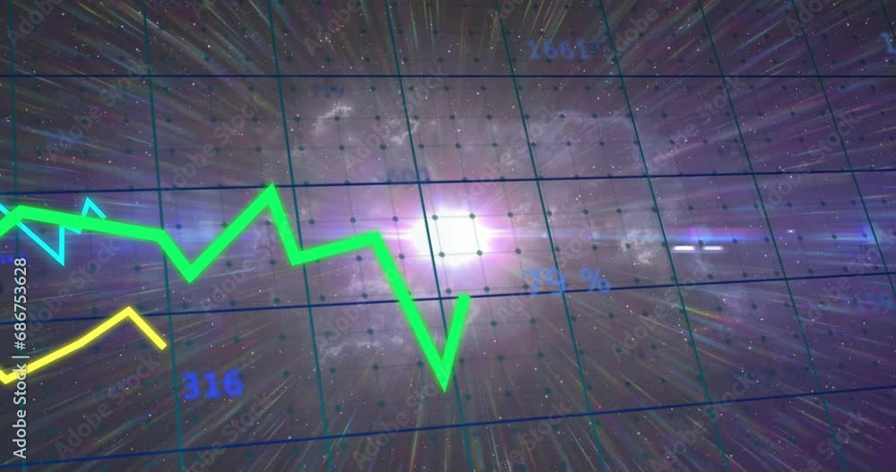 Animation of graphs, changing numbers and grid pattern over lens flares against black background Animation of graphs, changing numbers and grid pattern over lens flares against black background