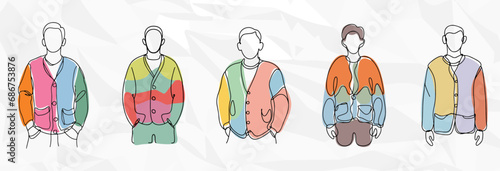 Lebendige Strickkunst: Bundle mit Männern in bunten Strickjacken als künstlerische Lineart-Illustrationen