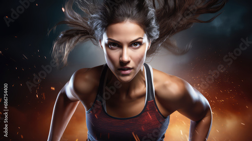 Athletic girl runs with a serious expression on her face, looks at the camera, sparks are flying around, dark background. Motivation and sport concept.