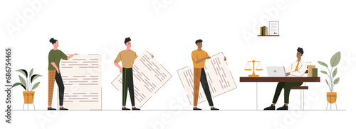 Lawyer office set. Men and women with pappers  documents and contracts. Legal support of deals and business company. Jurisprudence  laws. Cartoon flat vector collection isolated on white background