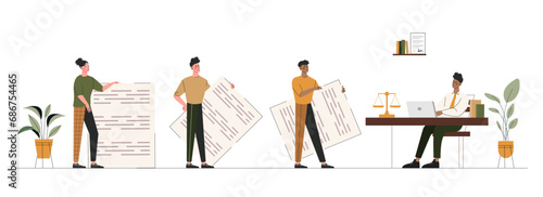 Lawyer office set. Men and women with pappers, documents and contracts. Legal support of deals and business company. Jurisprudence, laws. Cartoon flat vector collection isolated on white background