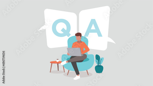 Vektor-Illustration von jemandem, der mit seinem Laptop auf einem Sofa sitzt - Konzept Fragen und Antworten