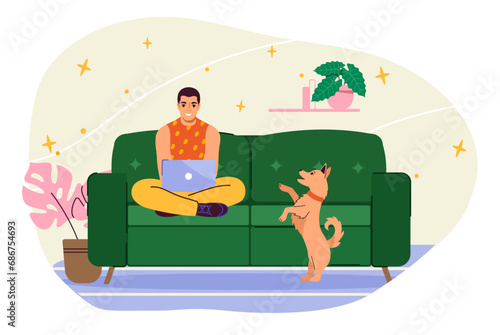 Man with laptop at home. Young guy with gadget and device at sofa. Remote worker and freelancer work on internet. Cartoon flat vector illustration isolated on white background