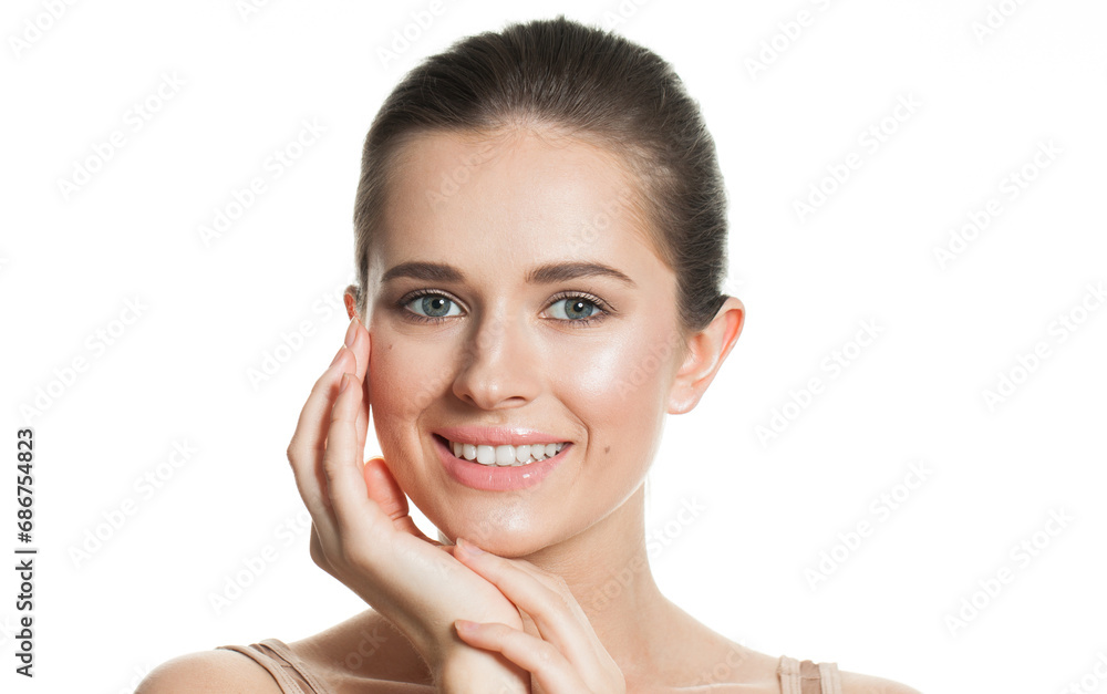 Happy smiling woman touching her flawless glowy fresh clean facial skin, portrait. Healthcare, wellness, beauty treatment and cosmetology concept Happy smiling woman touching her flawless glowy fresh clean facial skin, portrait. Healthcare, wellness, beauty treatment and cosmetology concept